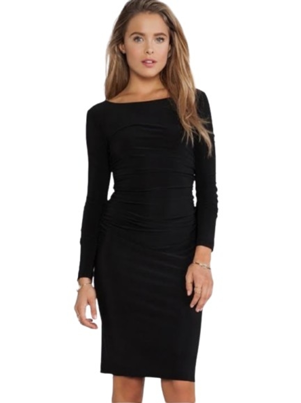 NWT Norma Kamali Long Sleeve Shirred Waist Dress Black Size L Flattering Classy